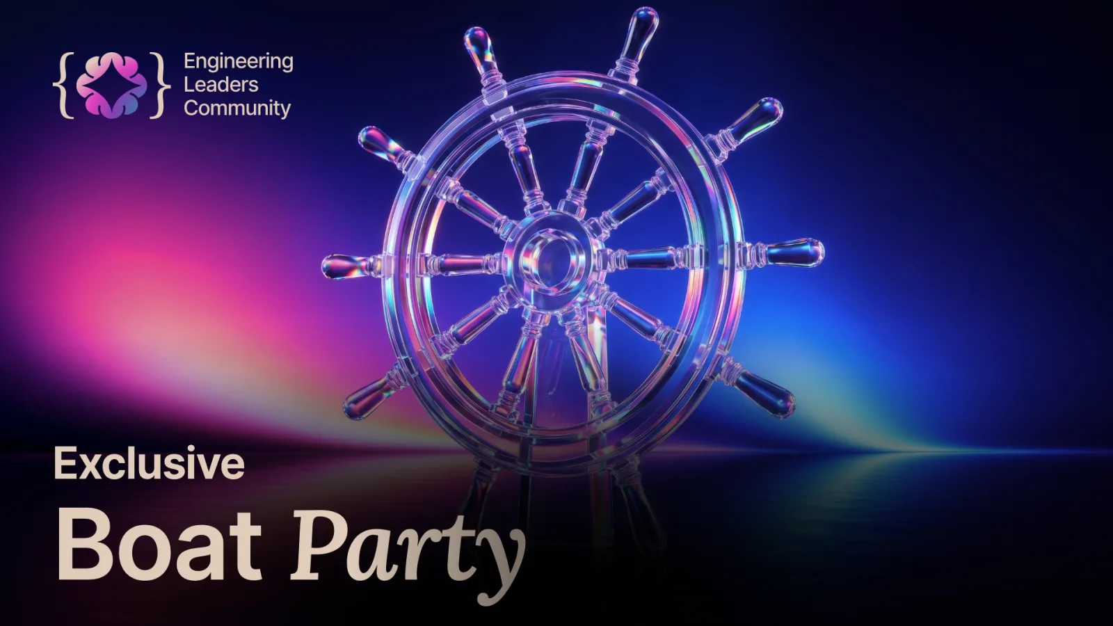 A glass ship wheel over a glowing Vltava, the ELC Speaker Alumni boat party graphic